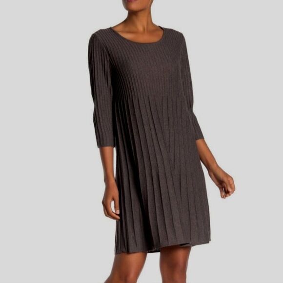 Eileen Fisher Women's Size Small Ribbed Pleated 100% Wool Midi Dress Black - Picture 2 of 11
